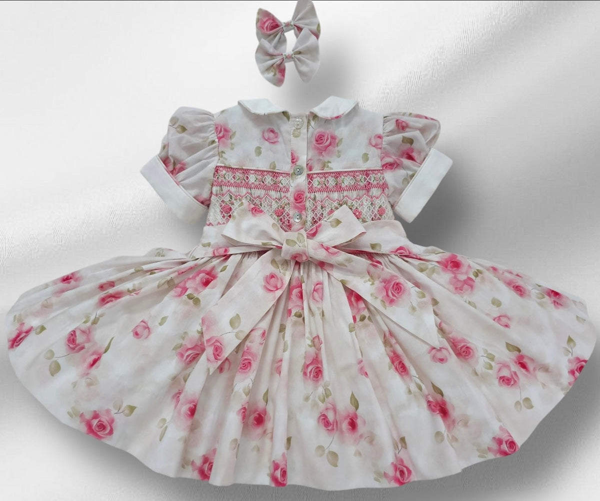 Blush Rose Hand-Smocked Dress with Matching Hair Bows