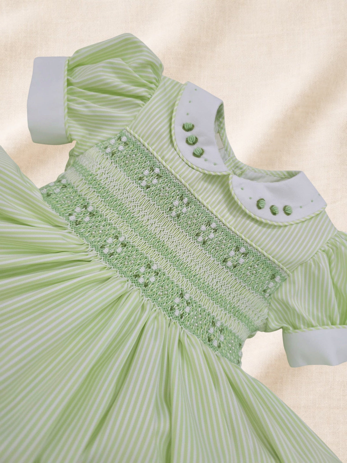 Apple Green Stripe hand smocked dress | Matching Boys Outfit | Matching Girls Rompers