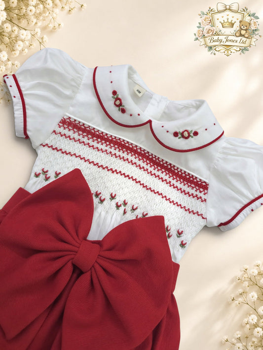 Girls Red & White Hand Smocked Romper