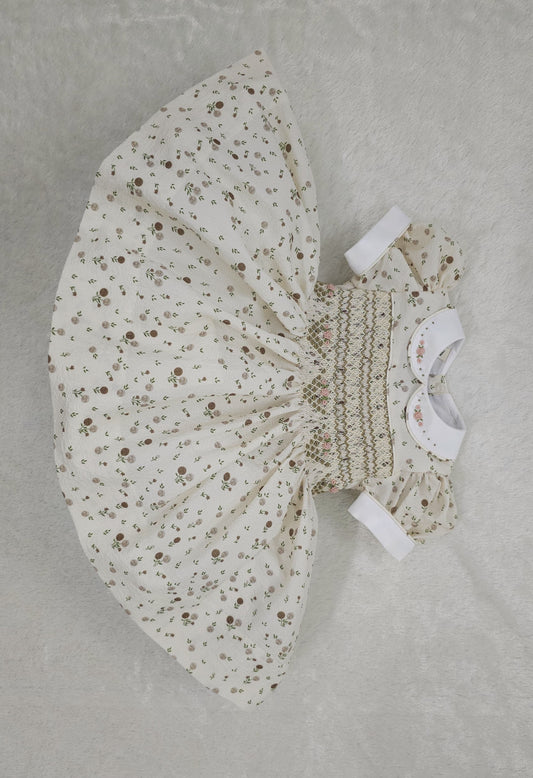 Hand smocked Cream & coffee floral dress