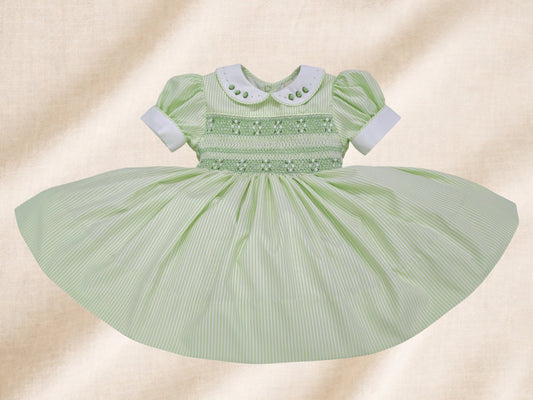 Apple Green Stripe hand smocked dress | Matching Boys Outfit | Matching Girls Rompers