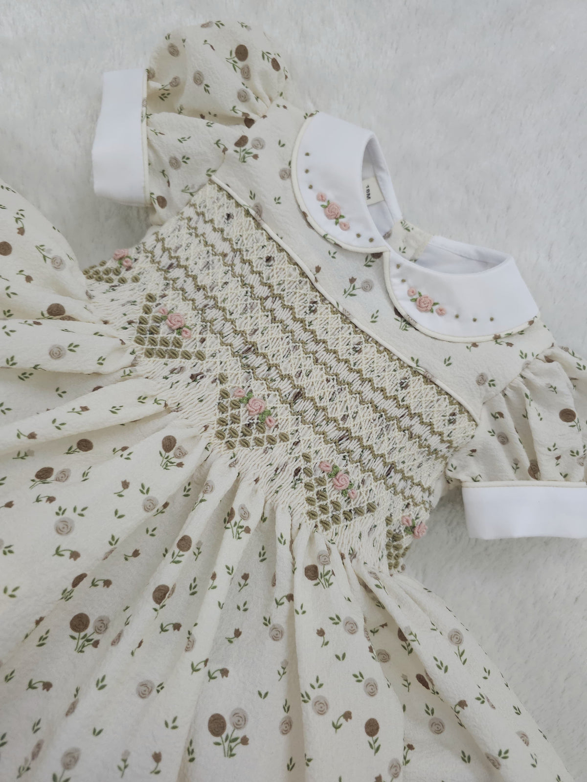 Hand smocked Cream & coffee floral dress