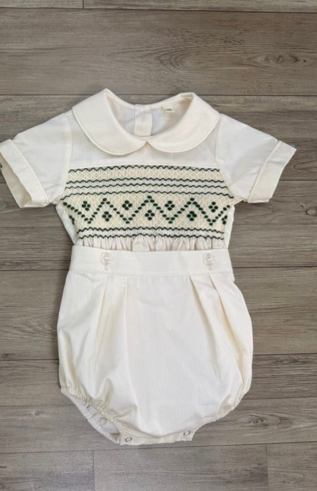 Cream & Emerald Green Smocked Boys Christmas Suit