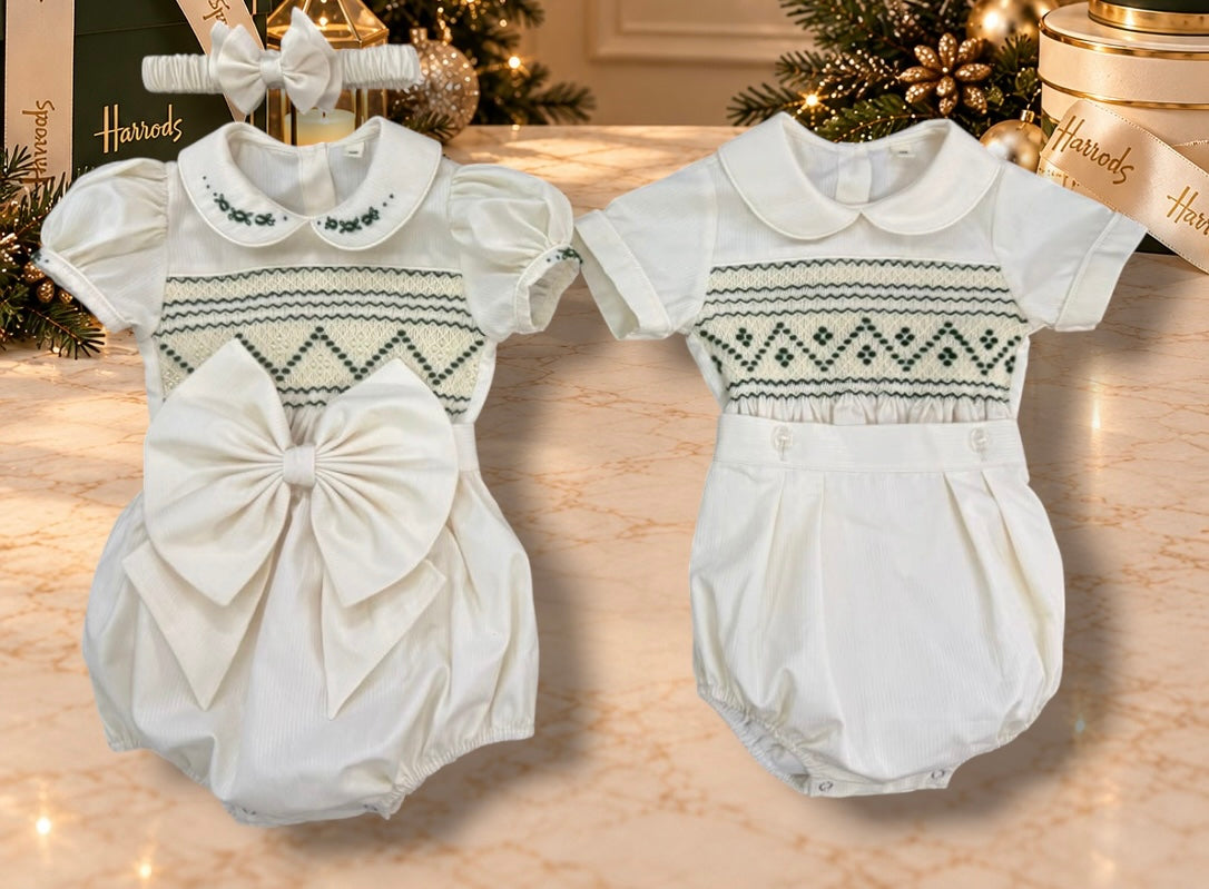 Cream & Emerald Green Smocked Boys Christmas Suit