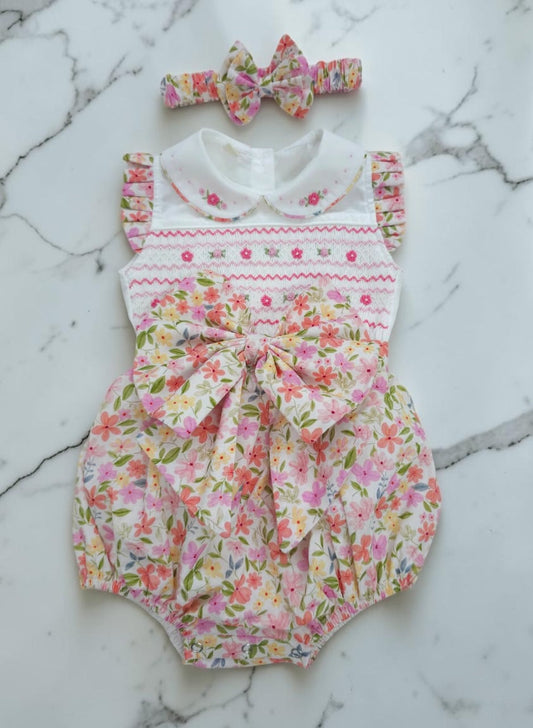 Floral sleeveless hand smocked romper