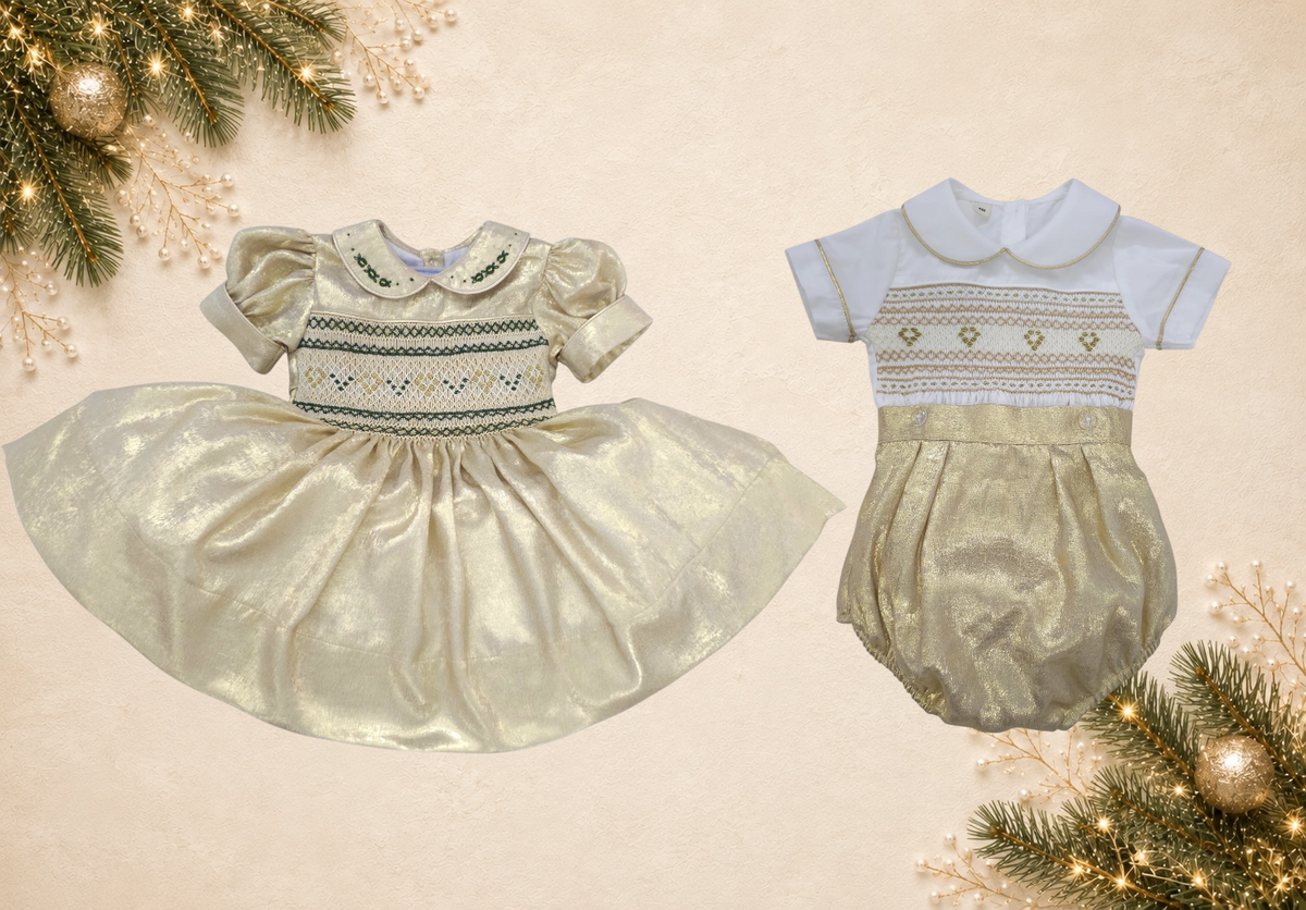 Gold hand smocked dress with emerald green