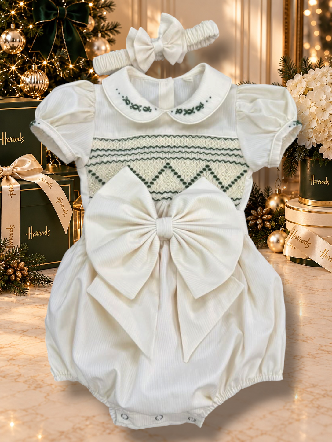 Cream & Emerald Green Pearl Smocked Girls Romper
