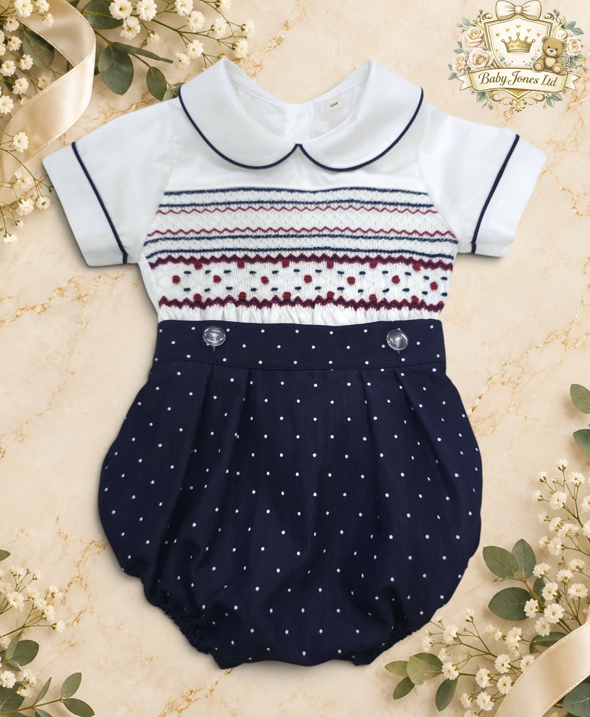 Boys Navy polkadot Hand-Smocked Romper Suit