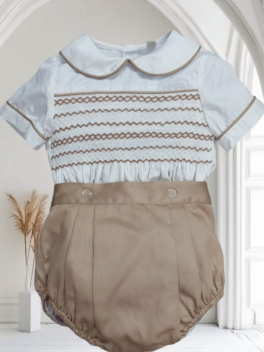 Camel smocked matching boys suits