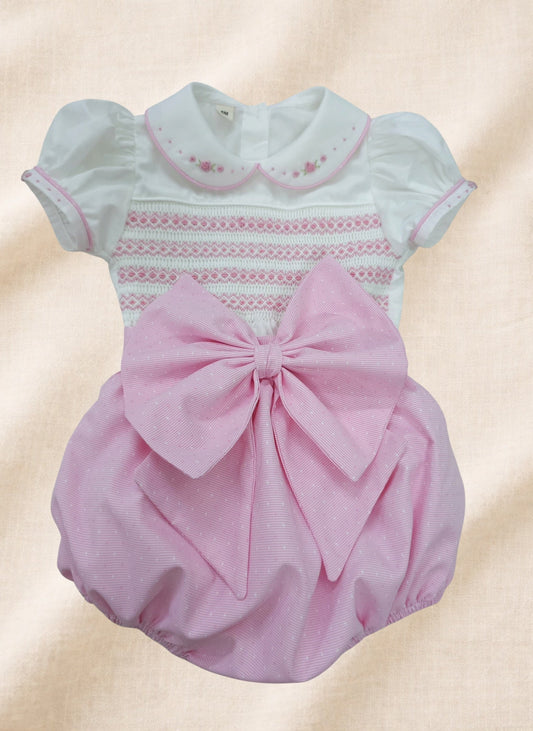 Pink Rose Hand Smocked Girls Romper