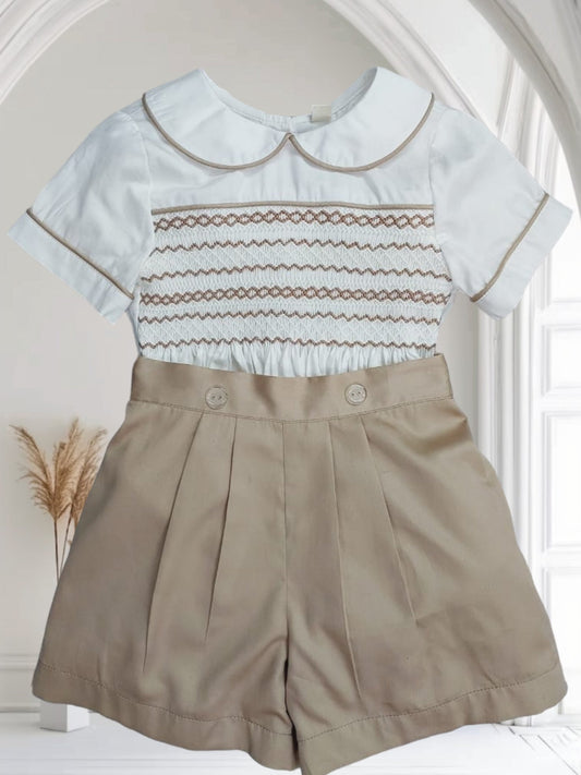 Camel smocked matching boys suits