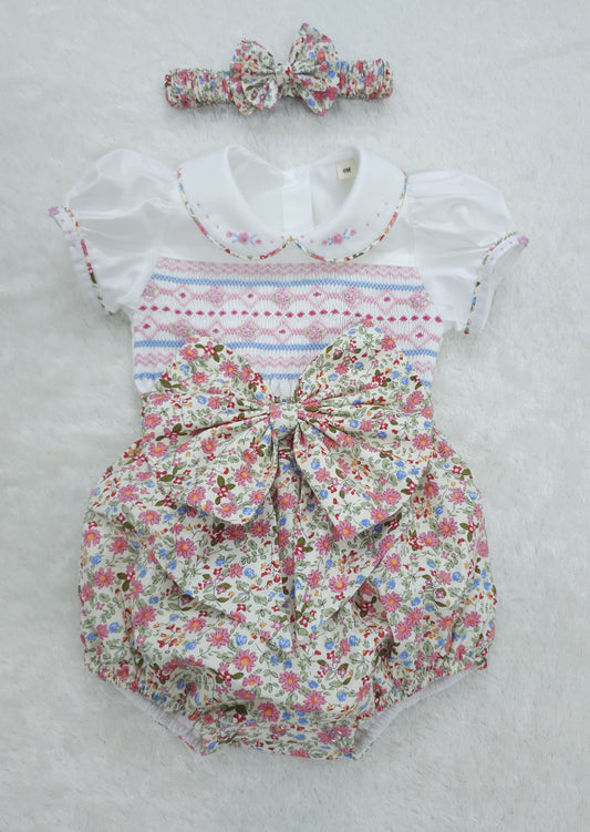 Pink and Blue ditsy hand smocked girls romper