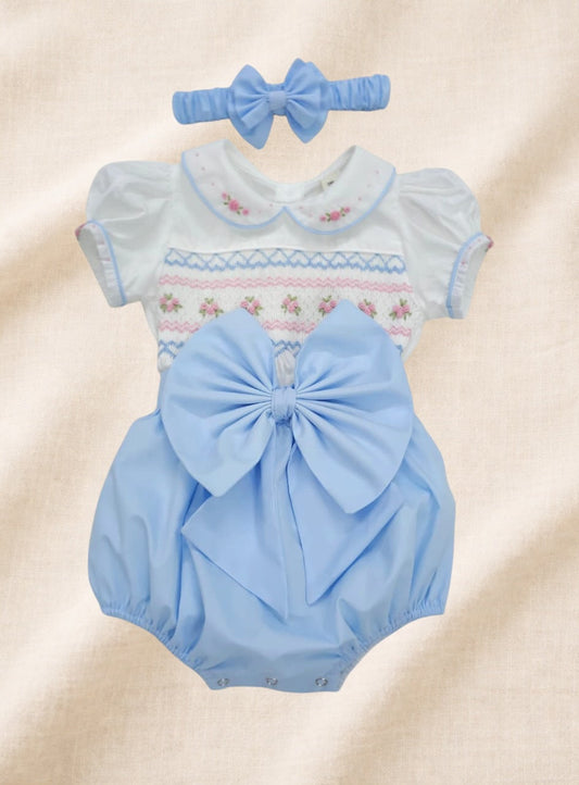 Baby blue hand smocked girls romper