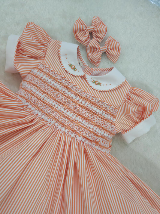 Orange stripe hand smocked dress