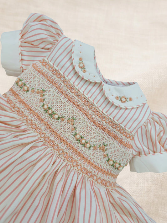 Peach/Coral Stripe Rose Hand-Smocked Dress