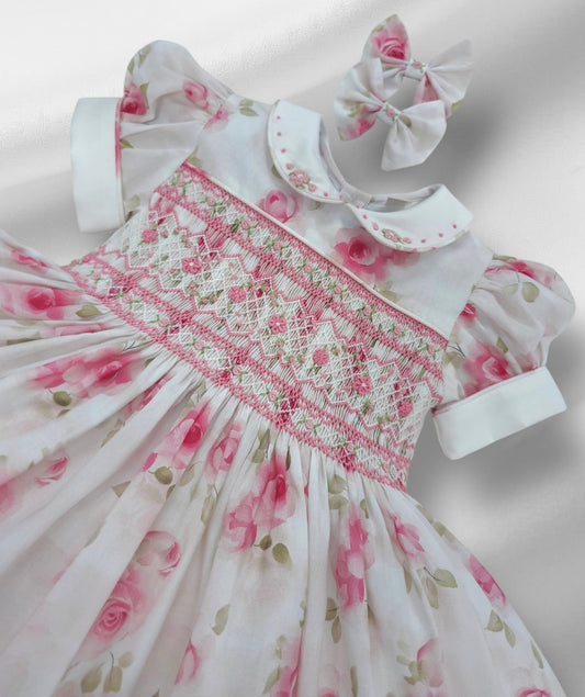 Blush Rose Hand-Smocked Dress with Matching Hair Bows