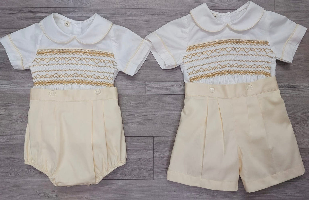 Cream and tan smocked boys suit