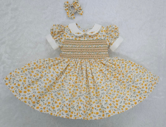 Marigold Bloom Floral Hand-Smocked Dress