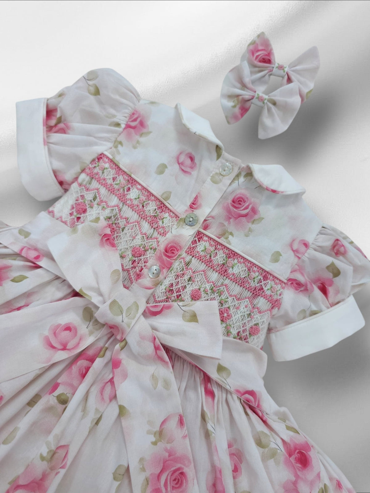 Blush Rose Hand-Smocked Dress with Matching Hair Bows