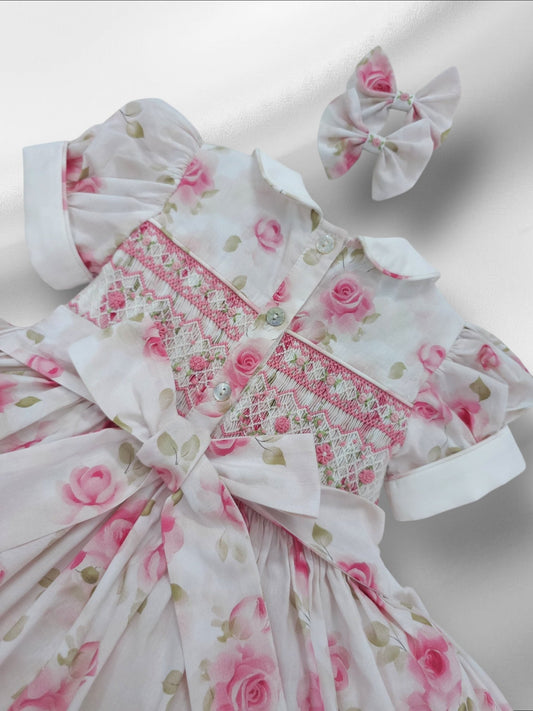 Blush Rose Hand-Smocked Dress with Matching Hair Bows