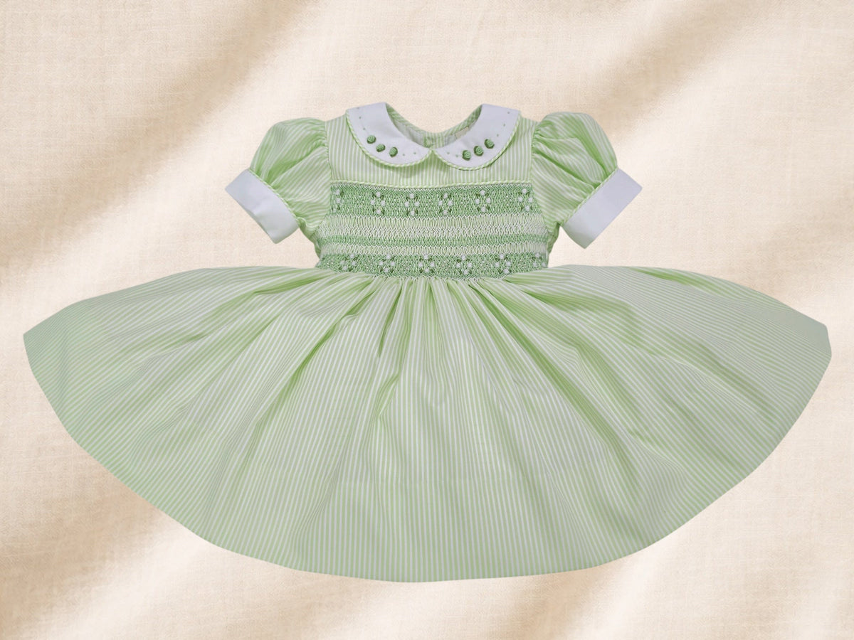 Apple Green Stripe hand smocked dress | Matching Boys Outfit | Matching Girls Rompers