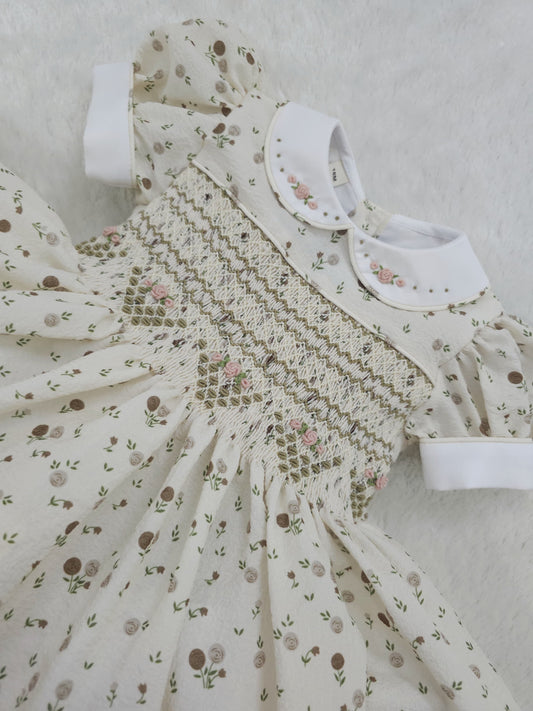 Hand smocked Cream & coffee floral dress