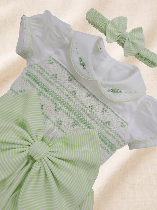 Apple green stripe hand smocked girls romper