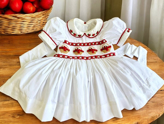 White Fruit Basket Smocked Dress
