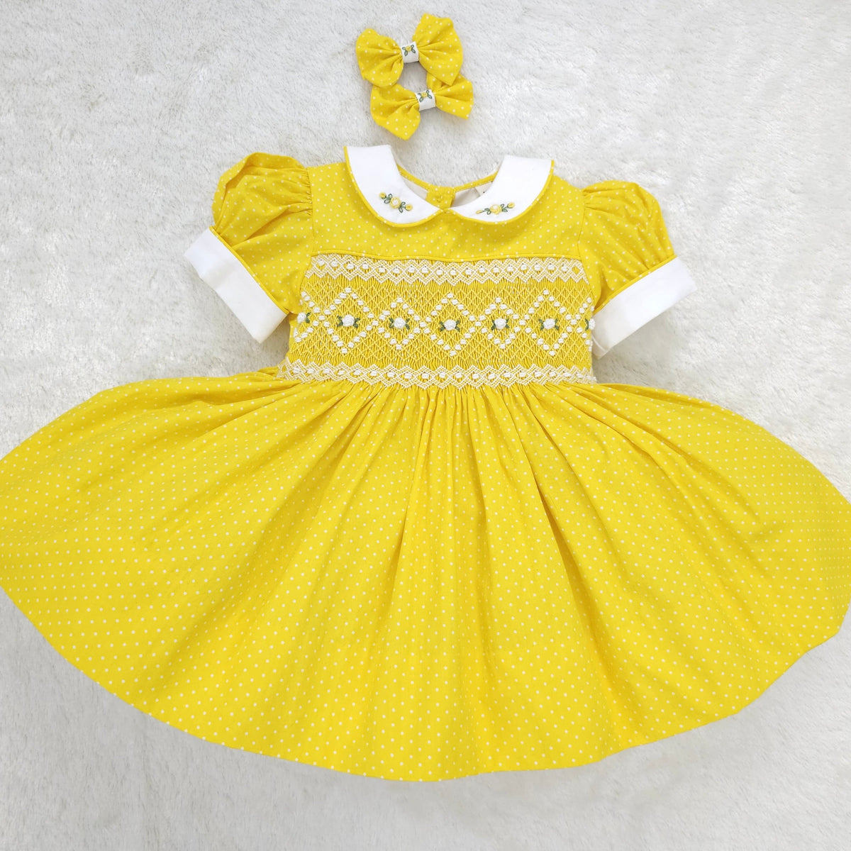 Yellow Polkadot with white smocking