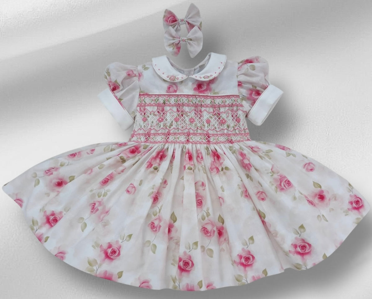 Blush Rose Hand-Smocked Dress with Matching Hair Bows