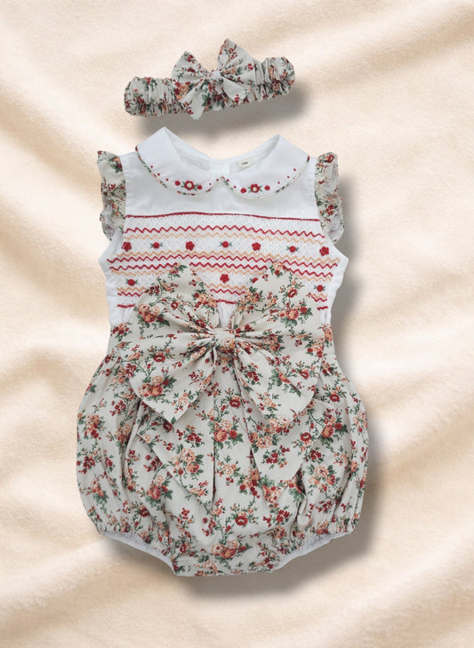 Vintage Style Floral Hand-Smocked Sleeveless Romper with Frill Sleeves