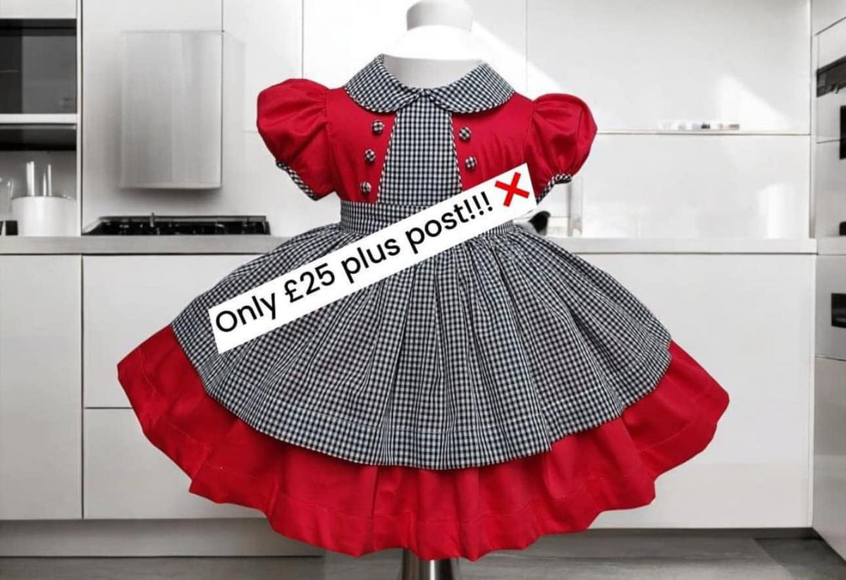 Red dress with black and white full pinny