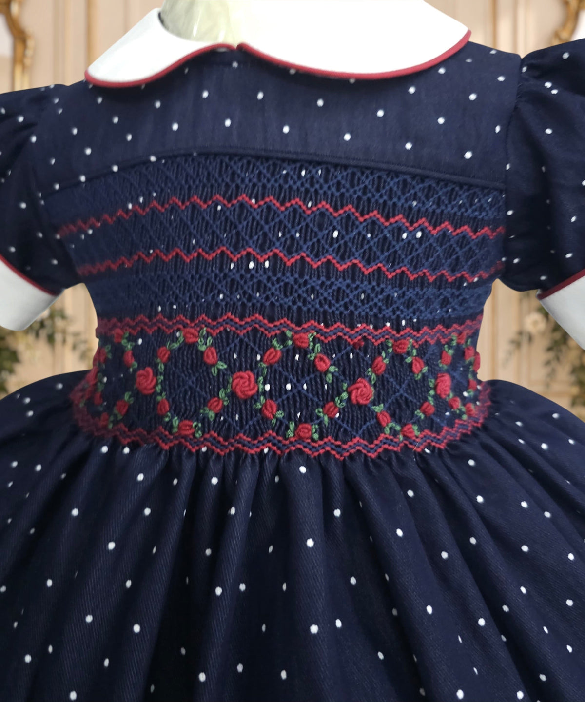 Girls Navy Polka Dot Hand-Smocked Dress