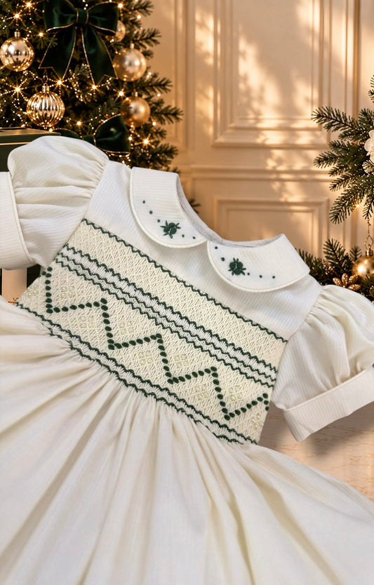 Cream & Emerald Green Pearl Smocked Christmas Dress
