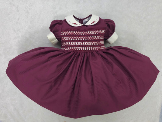 Burgundy Hand-Smocked Girls’ Dress with Embroidered Rosebuds