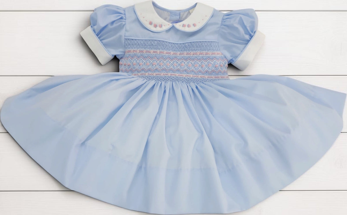 Powder Blue with Pink hand smocked dress