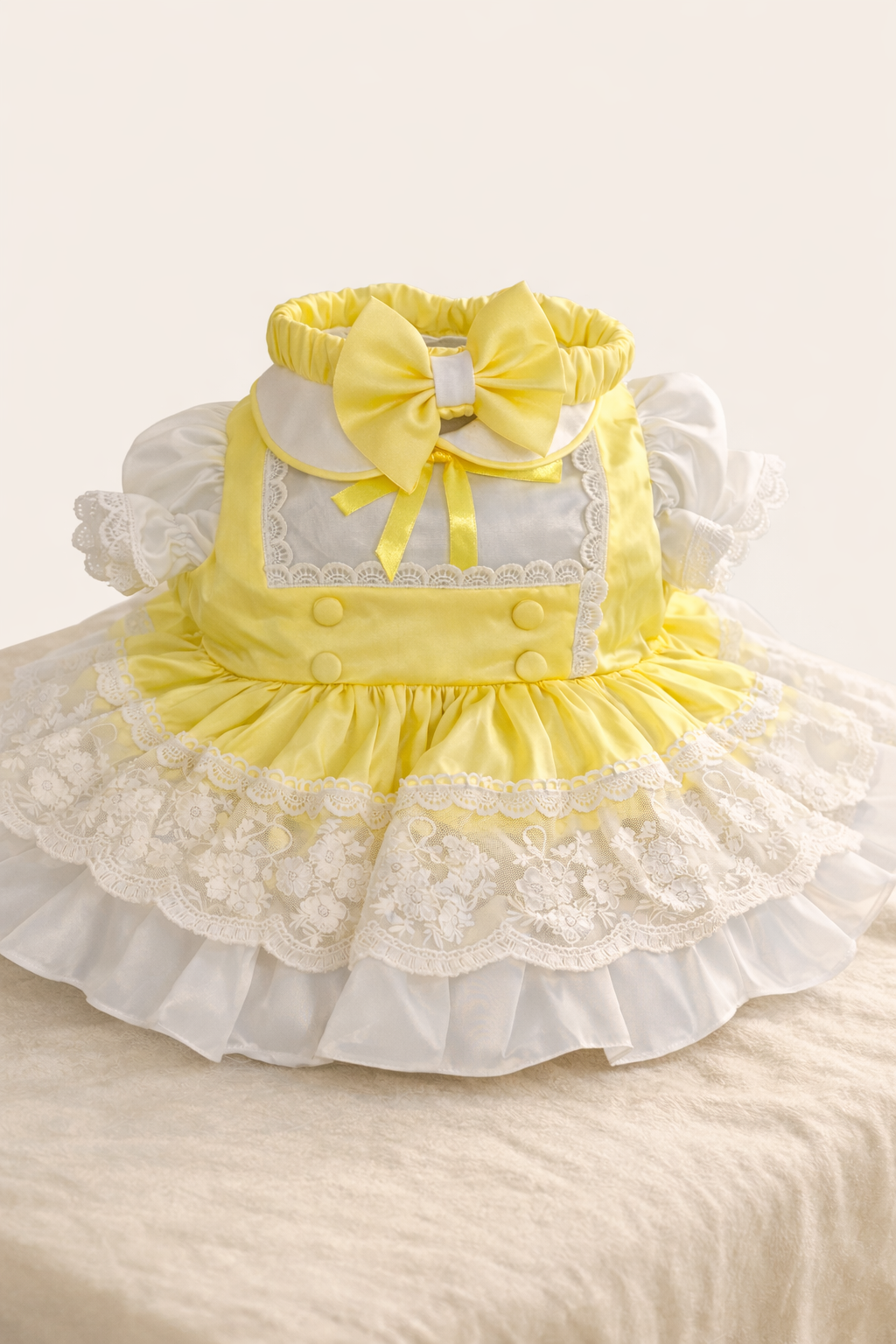 Lemon Satin & Lace Vintage Occasion Dress with Bow Detail