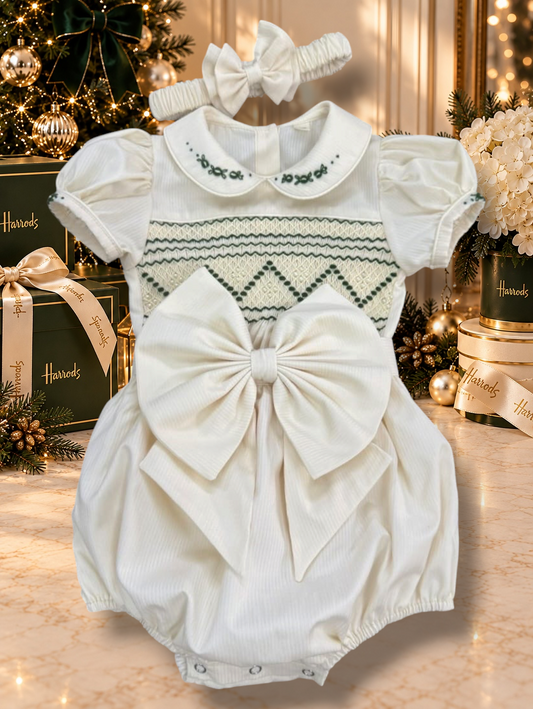Cream & Emerald Green Pearl Smocked Girls Romper