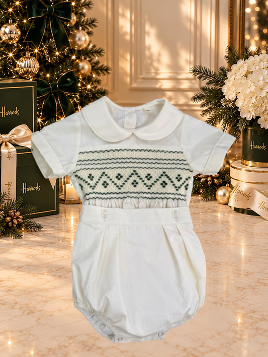 Cream & Emerald Green Smocked Boys Christmas Suit