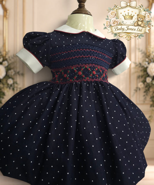 Girls Navy Polka Dot Hand-Smocked Dress