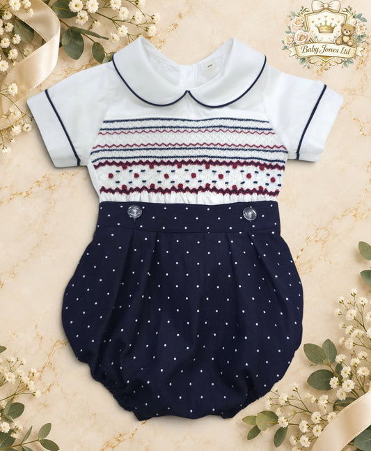Boys Navy polkadot Hand-Smocked Romper Suit
