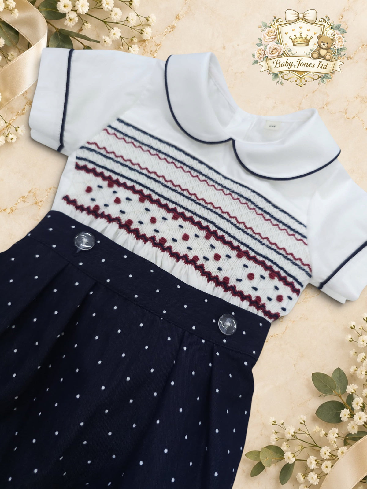 Boys Navy polkadot Hand-Smocked Romper Suit